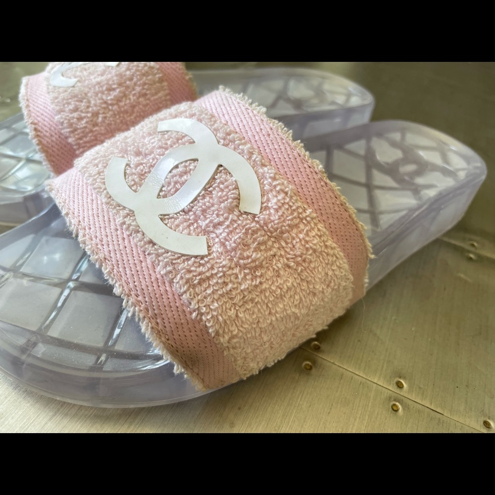 Chanel slides pink terry cloth logo sandals sz 39 - Picture 11 of 11